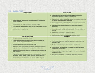 3.4   Análisis FODA
                            FORTALEZAS                                                                       DEBILIDADES

                                                                                      Débil intercambio de información comercial entre productores,
                                                                                       exportadores, Prompex y centros de investigación

                                                                                      Exportación de lúcuma y pulpa bajo partidas arancelarias más amplias
     Amplia capacidad de producción en valles costeños e interandinos                 no permite clara identificación estadística
      durante todo el año
                                                                                      Incipiente promoción de derivados de la lúcuma a nivel internacional
     Valles costeños con riego tecnificado y control de plagas
                                                                                      Exportadores son sólo acopiadores y no desarrollan cadena de
     Fácil capacidad de almacenaje y larga vida útil de la Pulpa de Lúcuma            producción

     Sabor sui generis de la lúcuma.                                                 Lúcuma procesada de baja calidad por uso de diferentes biotipos de
                                                                                       lúcuma

                                                                                      Débil manejo agronómico y varietal de cultivos

                                                                                      Desconocimiento de la lúcuma y sus derivados en EEUU
                         OPORTUNIDADES                                                                         AMENAZAS
     Demanda potencial durante todo el año

     Existe una tendencia del mercado mundial hacia la búsqueda de
                                                                                      Proliferación de la mosca de la fruta (anastrepha serpentina) en la
      nuevos sabores de productos naturales
                                                                                       zona de la sierra
     Alto poder adquisitivo de consumidores de frutas
                                                                                      Fenómenos climáticos que afecten el cultivo de la lúcuma
     Preferencia de los consumidores industriales en Estados Unidos por
                                                                                      Suspensión de las preferencias arancelarias otorgadas de manera
      pulpas de frutas exóticas provenientes de países en desarrollo
                                                                                       unilateral por EEUU y la UE
     Reactivación del consumo en EEUU ante recuperación coyuntural de
                                                                                      Ineficiencia de puertos y aeropuertos y carencia de infraestructura de
      dicha economía
                                                                                       transporte terrestre
     Pulpa de lúcuma con demanda potencial diversificada en la industria
                                                                                      Competencia de Chile en la exportación de lúcuma y derivados
      de helados, yogurts, postres y jugos, en nichos gourmet de EEUU

     Tendencia al consumo de helados con sabores de fruta originales




                                                                              29
 