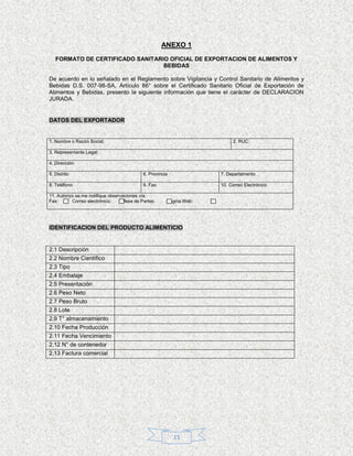 ANEXO 1
   FORMATO DE CERTIFICADO SANITARIO OFICIAL DE EXPORTACION DE ALIMENTOS Y
                                  BEBIDAS

De acuerdo en lo señalado en el Reglamento sobre Vigilancia y Control Sanitario de Alimentos y
Bebidas D.S. 007-98-SA, Artículo 86° sobre el Certificado Sanitario Oficial de Exportación de
Alimentos y Bebidas, presento la siguiente información que tiene el carácter de DECLARACION
JURADA.


DATOS DEL EXPORTADOR


1. Nombre o Razón Social:                                                 2. RUC:

3. Representante Legal:

4. Dirección:

5. Distrito                                 6. Provincia             7. Departamento

8. Teléfono:                                9. Fax:                  10. Correo Electrónico

11. Autorizo se me notifique observaciones vía:
Fax:       Correo electrónico:     Mesa de Partes:     Página Web:




IDENTIFICACION DEL PRODUCTO ALIMENTICIO


2.1 Descripción
2.2 Nombre Científico
2.3 Tipo
2.4 Embalaje
2.5 Presentación
2.6 Peso Neto
2.7 Peso Bruto
2.8 Lote
2.9 T° almacenamiento
2.10 Fecha Producción
2.11 Fecha Vencimiento
2.12 N° de contenedor
2.13 Factura comercial




                                                           15
 