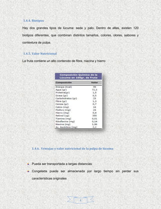 1.4.4. Biotipos

Hay dos grandes tipos de lúcuma: seda y palo. Dentro de ellas, existen 120

biotipos diferentes, que combinan distintos tamaños, colores, olores, sabores y

contextura de pulpa.


1.4.5. Valor Nutricional

La fruta contiene un alto contenido de fibra, niacina y hierro




       1.4.6. Ventajas y valor nutricional de la pulpa de lúcuma



       Pueda ser transportada a largas distancias

       Congelada puede ser almacenada por largo tiempo sin perder sus

       características originales




                                          8
 