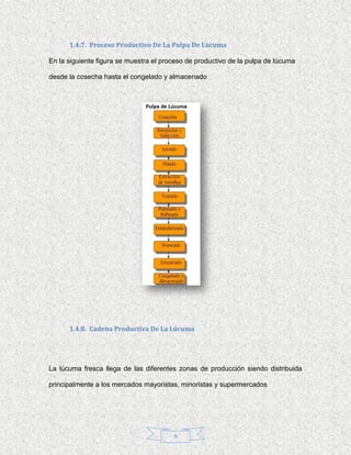 1.4.7. Proceso Productivo De La Pulpa De Lúcuma

En la siguiente figura se muestra el proceso de productivo de la pulpa de lúcuma

desde la cosecha hasta el congelado y almacenado




      1.4.8. Cadena Productiva De La Lúcuma




La lúcuma fresca llega de las diferentes zonas de producción siendo distribuida

principalmente a los mercados mayoristas, minoristas y supermercados




                                        9
 