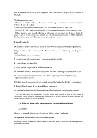 para la comprensión lectora y están adaptados a las características propias de los alumnos de
éste ciclo.

Además de estos recursos:
- Llevamos a cabo la confección de cuentos realizados por los alumnos, para una utilización
posterior de texto de lectura.
- Fichas de comprensión lectora ajustada a sus necesidades educativas específicas.
- Biblioteca de Aula y de Centro, utilizando el sistema de préstamo para llevar cuentos a casa.
- CD de cuentos, cada unidad didáctica se introduce con un cuento en el que se tratan los
objetivos que se pretenden en dicha unidad. Las actividades que se realizan en el libro de trabajo
del alumno incorpora actividades para la comprensión del cuento.

Criterios de evaluación

1. Comentar los cambios que se puedan realizar en ciertos textos o cuentos, manifestando sus preferencias.

2. Reproducir textos orales y escritos sencillos. Narrar cuentos y sucesos. Recitar poesías. Representar
piezas
  teatrales. Realizar breves exposiciones .

3. Leer en voz alta texto, con corrección y expresivamente textos sencillos.

4. Leer en silencio textos sencillos.

5. Buscar y aclarar el significado de palabras desconocidas.

6. Comprender el sentido global de los textos leídos, utilizando las estrategias de comprensión lectora.

7. Leer con frecuencia por propia iniciativa como fuente de placer, y manifestar preferencias y
   opiniones sobre las lecturas.

8. Producir textos breves y coherentes, respetando la ortografía, la caligrafía, el orden y la presentación.

9. Realizar fichas de control de los cuentos leídos por los alumnos.

10. Identificar la información más relevante para responder correctamente a preguntas sobre los textos.

* Una vez finalizadas las actuaciones previstas, cada tutor emitirá un informe del grado de
consecución de los objetivos programados, apuntando las posible mejoras y modificaciones que
optimicen su desarrollo en sucesivos cursos.

       2.8. Objetivos, libros y criterios de evaluación. Segundo ciclo de primaria

         Objetivos

1. Lectura en voz alta de diferentes tipos de textos con fluidez y entonación adecuada.

2. Comprensión lectora en silencio de diferentes tipos de textos.

3. Estrategias para la comprensión de textos: título. Ilustraciones. Sentido global del texto. Ideas principales
y secundarias. Resumen.
 