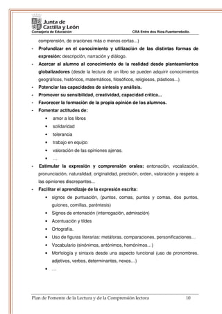 Consejería de Educación                               CRA Entre dos Ríos-Fuenterrebollo.

    comprensión, de oraciones más o menos cortas...)
-   Profundizar en el conocimiento y utilización de las distintas formas de
    expresión: descripción, narración y diálogo.
-   Acercar al alumno al conocimiento de la realidad desde planteamientos
    globalizadores (desde la lectura de un libro se pueden adquirir conocimientos
    geográficos, históricos, matemáticos, filosóficos, religiosos, plásticos...)
-   Potenciar las capacidades de síntesis y análisis.
-   Promover su sensibilidad, creatividad, capacidad crítica...
-   Favorecer la formación de la propia opinión de los alumnos.
-   Fomentar actitudes de:
       •    amor a los libros
       •    solidaridad
       •    tolerancia
       •    trabajo en equipo
       •    valoración de las opiniones ajenas.
       •    …
-   Estimular la expresión y comprensión orales: entonación, vocalización,
    pronunciación, naturalidad, originalidad, precisión, orden, valoración y respeto a
    las opiniones discrepantes...
-   Facilitar el aprendizaje de la expresión escrita:
       •   signos de puntuación, (puntos, comas, puntos y comas, dos puntos,
           guiones, comillas, paréntesis)
       •   Signos de entonación (interrogación, admiración)
       •   Acentuación y tildes
       •   Ortografía.
       •   Uso de figuras literarias: metáforas, comparaciones, personificaciones…
       •   Vocabulario (sinónimos, antónimos, homónimos…)
       •   Morfología y sintaxis desde una aspecto funcional (uso de pronombres,
           adjetivos, verbos, determinantes, nexos…)
       •   …




Plan de Fomento de la Lectura y de la Comprensión lectora                            10
 