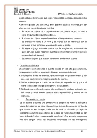 Consejería de Educación                             CRA Entre dos Ríos-Fuenterrebollo.

        única pista que tenemos es que están relacionados con los personajes de los
        cuentos.
        Como nos parece una tarea muy difícil pedimos ayuda a los niños, por ser
        ellos los que más entienden de cuentos.
        - Se sacan los objetos de la caja de uno en uno, puede hacerlo un niño, y
           se va preguntando de quién puede ser.
        - Acabados los objetos se puede continuar el juego de varias maneras:
        - Se entrega un objeto a un niño, y se le pide que se identifique con el
           personaje al que pertenece y nos cuente cómo lo perdió.
        - Se sigue el juego sacando objetos con la imaginación, adivinando de
           quién son. (Se puede hacer con cuentos que los niños hayan leído aunque
           no sean los tradicionales).
        - Se piensan objetos que puedan pertenecer a más de un cuento.


   o    La lectura equivocada
        El animador o animadora lee el cuento elegido en voz alta, pausadamente,
        para que comprendan el argumento. Una vez terminada la lectura:
        1. Se pregunta si les ha divertido, qué personajes les parecen mejor y por
          qué, cuál es el momento más interesante del cuento...
        2. Se les advierte que el cuento se va a leer por segunda vez, y que si al
          leerlo se equivoca en algo que digan: "¡Te equivocas!".
        3. Se lee de nuevo el cuento en voz alta, sustituyendo nombres y situaciones.
          Los niños y niñas deben detectar cada equivocación y decirla en su
          momento.
    o          Secuenciar un cuento
        Se les cuenta el cuento una primera vez y después lo vamos a trabajar a
        traves de imágenes así cada día que toque lectura de cuento se contará lo
        que ocurre en esa imagen, cada vez lo hará un alumno/a y luego se
        coloreará esa lámina (dependiendo de la edad se variará la actividad así por
        ejemplo los de 5 años pueden escribir una frase). Otra variante es que una
        vez que tengan todas las imágenes coloreadas se las entregamos




Plan de Fomento de la Lectura y de la Comprensión lectora                          23
 