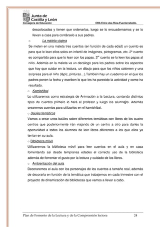 Consejería de Educación                               CRA Entre dos Ríos-Fuenterrebollo.

        descolocadas y tienen que ordenarlas, luego se lo encuadernamos y se lo
        llevan a casa para contárselo a sus padres.
    o          La maleta viajera
    Se meten en una maleta tres cuentos (en función de cada edad) un cuento es
    para que le lean ellos solos en infantil de imágenes, pictogramas, etc. 2º cuento
    es compartido para que lo lean con los papas. 3er cuento se lo leen los papas al
    niño. Además en la maleta va un decálogo para los padres sobre los aspectos
    que hay que cuidar en la lectura, un dibujo para que los niños coloreen y una
    sorpresa para el niño (lápiz, pinturas…).También hay un cuaderno en el que los
    padres ponen la fecha y escriben lo que les ha parecido la actividad y como ha
    resultado.
   o Kamishibai
   Lo utilizaremos como estrategia de Animación a la Lectura, contando distintos
   tipos de cuentos primero lo hará el profesor y luego los alumn@s. Además
   crearemos cuentos para utilizarlos en el kamishibai.
   o Baúles temáticos
   Vamos a crear unos baúles sobre diferentes temáticas con libros de los cuatro
   centros que posteriormente irán viajando de un centro a otro para darles la
   oportunidad a todos los alumnos de leer libros diferentes a los que ellos ya
   tenían en su aula.
   o Biblioteca móvil
   Utilizaremos la biblioteca móvil para leer cuentos en el aula y en casa
   fomentando así desde tempranas edades el correcto uso de la biblioteca
   además de fomentar el gusto por la lectura y cuidado de los libros.
   o Ambientación del aula
   Decoraremos el aula con los personajes de los cuentos a tamaño real, además
   de decorarla en función de la temática que trabajemos en cada trimestre con el
   proyecto de dinamización de bibliotecas que vamos a llevar a cabo.




Plan de Fomento de la Lectura y de la Comprensión lectora                            24
 