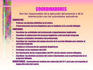 COORDINADORES Son los responsables de la ejecución del proyecto y de la interlocución con las autoridades educativas REQUISITOS: Profesor con destino definitivo en el centro. Preferentemente del área lingüística que se implante en la sección bilingüe. FUNCIONES: Coordinar las actividades del profesorado y departamentos implicados. Coordinar la elaboración del proyecto lingüístico y del currículo integrado. Proponer actividades formativas del profesorado. Coordinar las reuniones del equipo docente de la sección bilingüe para adoptar el currículo integrado. Establecer el horario de los ayudante lingüísticos. Participar en las reuniones del ETCP. Ser interlocutor de los responsables del PFP y de los demás centros bilingües. Coordinar  las distintas acciones del centro relacionadas con su participación en el programa bilingüe. REDUCCIONES:  Semanalmente tendrán una reducción del 25 % de la que corresponda al Equipo Directivo del centro. 