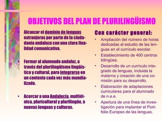 OBJETIVOS DEL PLAN DE PLURILINGÜISMO Alcanzar el  dominio de lenguas  extranjeras por parte de la ciuda-danía andaluza con una clara fina-lidad comunicativa. Formar al alumnado andaluz, a través del plurilingüismo lingüís-tico y cultural, para  integrarse  en un contexto cada vez más mundia-lizado. Acercar a una  Andalucía , multiét-nica, pluricultural y plurilingüe, a nuevas lenguas y culturas. Con carácter general: Ampliación del número de horas dedicadas al estudio de las len-guas en el currículo escolar. Establecimiento de 400 centros bilingües. Desarrollo de un currículo inte-grado de lenguas, incluida la materna y creación de una co-misión para su desarrollo. Elaboración de adaptaciones curriculares para el alumnado de n.e.e. Apertura de una línea de inves-tigación para implantar el Port-folio Europeo de las lenguas. 