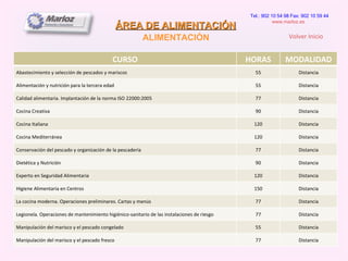 ÁREA DE ALIMENTACIÓN ALIMENTACIÓN  Tel.: 902 10 54 98 Fax: 902 10 59 44 www.marloz.es   Volver Inicio CURSO HORAS MODALIDAD Abastecimiento y selección de pescados y mariscos 55 Distancia Alimentación y nutrición para la tercera edad 55 Distancia Calidad alimentaria. Implantación de la norma ISO 22000:2005 77 Distancia Cocina Creativa 90 Distancia Cocina Italiana 120 Distancia Cocina Mediterránea 120 Distancia Conservación del pescado y organización de la pescadería 77 Distancia Dietética y Nutrición 90 Distancia Experto en Seguridad Alimentaria 120 Distancia Higiene Alimentaria en Centros 150 Distancia La cocina moderna. Operaciones preliminares. Cartas y menús 77 Distancia Legionela. Operaciones de mantenimiento higiénico-sanitario de las instalaciones de riesgo 77 Distancia Manipulación del marisco y el pescado congelado 55 Distancia Manipulación del marisco y el pescado fresco 77 Distancia 