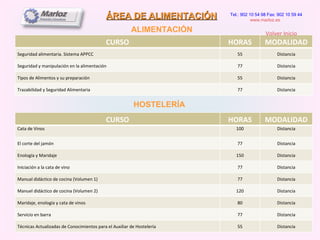 ÁREA DE ALIMENTACIÓN ALIMENTACIÓN  HOSTELERÍA  Tel.: 902 10 54 98 Fax: 902 10 59 44 www.marloz.es   Volver Inicio CURSO HORAS MODALIDAD Seguridad alimentaria. Sistema APPCC 55 Distancia Seguridad y manipulación en la alimentación 77 Distancia Tipos de Alimentos y su preparación 55 Distancia Trazabilidad y Seguridad Alimentaria 77 Distancia CURSO HORAS MODALIDAD Cata de Vinos 100 Distancia El corte del jamón 77 Distancia Enología y Maridaje 150 Distancia Iniciación a la cata de vino 77 Distancia Manual didáctico de cocina (Volumen 1) 77 Distancia Manuel didáctico de cocina (Volumen 2) 120 Distancia Maridaje, enología y cata de vinos 80 Distancia Servicio en barra 77 Distancia Técnicas Actualizadas de Conocimientos para el Auxiliar de Hostelería 55 Distancia 
