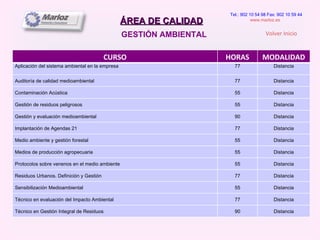 ÁREA DE CALIDAD GESTIÓN AMBIENTAL Tel.: 902 10 54 98 Fax: 902 10 59 44 www.marloz.es   Volver Inicio CURSO HORAS MODALIDAD Aplicación del sistema ambiental en la empresa 77 Distancia Auditoría de calidad medioambiental 77 Distancia Contaminación Acústica 55 Distancia Gestión de residuos peligrosos 55 Distancia Gestión y evaluación medioambiental 90 Distancia Implantación de Agendas 21 77 Distancia Medio ambiente y gestión forestal 55 Distancia Medios de producción agropecuaria 55 Distancia Protocolos sobre venenos en el medio ambiente 55 Distancia Residuos Urbanos. Definición y Gestión 77 Distancia Sensibilización Medioambiental 55 Distancia Técnico en evaluación del Impacto Ambiental 77 Distancia Técnico en Gestión Integral de Residuos 90 Distancia 