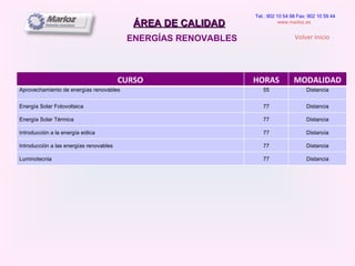 ÁREA DE CALIDAD ENERGÍAS RENOVABLES Tel.: 902 10 54 98 Fax: 902 10 59 44 www.marloz.es   Volver Inicio CURSO HORAS MODALIDAD Aprovechamiento de energías renovables 55 Distancia Energía Solar Fotovoltaica 77 Distancia Energía Solar Térmica 77 Distancia Introducción a la energía eólica 77 Distancia Introducción a las energías renovables 77 Distancia Luminotecnia 77 Distancia 
