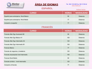 ÁREA DE IDIOMAS ESPAÑOL FRANCÉS Tel.: 902 10 54 98 Fax: 902 10 59 44 www.marloz.es   Volver Inicio CURSO HORAS MODALIDAD Español para extranjeros. Nivel Básico 90 Distancia Español para extranjeros. Nivel Medio 77 Distancia Iniciación al español 77 Distancia CURSO HORAS MODALIDAD Francés Alter Ego Avanzado B2 90 Distancia Francés Alter Ego Básico A1 100 Distancia Francés Alter Ego Intermedio A2 120 Distancia Francés Alter Ego Intermedio B1 100 Distancia Frances Básico 77 Distancia Francés de negocios y hostelería 100 Distancia Francés empresarial nivel intermedio 150 Distancia Frances Nivel Medio 90 Distancia Francés turístico - nivel intermedio 120 Distancia Iniciación al francés 77 Distancia 