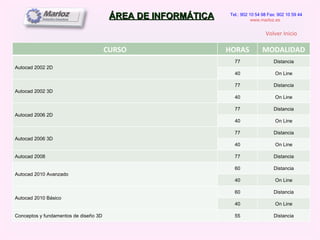ÁREA DE INFORMÁTICA Tel.: 902 10 54 98 Fax: 902 10 59 44 www.marloz.es   Volver Inicio CURSO HORAS MODALIDAD Autocad 2002 2D 77 Distancia 40 On Line Autocad 2002 3D 77 Distancia 40 On Line Autocad 2006 2D 77 Distancia 40 On Line Autocad 2006 3D 77 Distancia 40 On Line Autocad 2008 77 Distancia Autocad 2010 Avanzado 60 Distancia 40 On Line Autocad 2010 Básico 60 Distancia 40 On Line Conceptos y fundamentos de diseño 3D 55 Distancia 