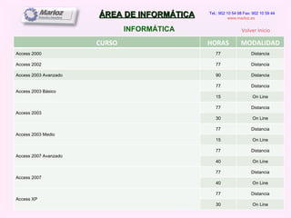 ÁREA DE INFORMÁTICA INFORMÁTICA Tel.: 902 10 54 98 Fax: 902 10 59 44 www.marloz.es   Volver Inicio CURSO HORAS MODALIDAD Access 2000 77 Distancia Access 2002 77 Distancia Access 2003 Avanzado 90 Distancia Access 2003 Básico 77 Distancia 15 On Line Access 2003 77 Distancia 30 On Line Access 2003 Medio 77 Distancia 15 On Line Access 2007 Avanzado 77 Distancia 40 On Line Access 2007 77 Distancia 40 On Line Access XP 77 Distancia 30 On Line 