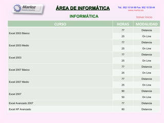 ÁREA DE INFORMÁTICA INFORMÁTICA Tel.: 902 10 54 98 Fax: 902 10 59 44 www.marloz.es   Volver Inicio CURSO HORAS MODALIDAD Excel 2003 Básico 77 Distancia 25 On Line Excel 2003 Medio 77 Distancia 25 On Line Excel 2003 77 Distancia 25 On Line Excel 2007 Básico 77 Distancia 25 On Line Excel 2007 Medio 77 Distancia 25 On Line Excel 2007 90 Distancia 50 On Line Excel Avanzado 2007 77 Distancia Excel XP Avanzado 80 Distancia 