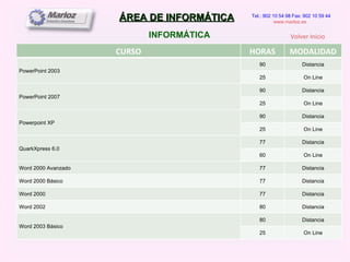 ÁREA DE INFORMÁTICA INFORMÁTICA Tel.: 902 10 54 98 Fax: 902 10 59 44 www.marloz.es   Volver Inicio CURSO HORAS MODALIDAD PowerPoint 2003 90 Distancia 25 On Line PowerPoint 2007 90 Distancia 25 On Line Powerpoint XP 90 Distancia 25 On Line QuarkXpress 6.0 77 Distancia 60 On Line Word 2000 Avanzado 77 Distancia Word 2000 Básico 77 Distancia Word 2000 77 Distancia Word 2002 80 Distancia Word 2003 Básico 80 Distancia 25 On Line 