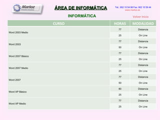 ÁREA DE INFORMÁTICA INFORMÁTICA Tel.: 902 10 54 98 Fax: 902 10 59 44 www.marloz.es   Volver Inicio CURSO HORAS MODALIDAD Word 2003 Medio 77 Distancia 25 On Line Word 2003 77 Distancia 50 On Line Word 2007 Básico 77 Distancia 25 On Line Word 2007 Medio 77 Distancia 25 On Line Word 2007 77 Distancia 50 On Line Word XP Básico 80 Distancia 25 On Line Word XP Medio 77 Distancia 25 On Line 