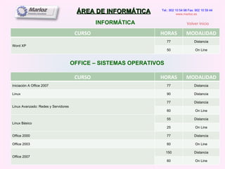 ÁREA DE INFORMÁTICA INFORMÁTICA Tel.: 902 10 54 98 Fax: 902 10 59 44 www.marloz.es   OFFICE – SISTEMAS OPERATIVOS Volver Inicio CURSO HORAS MODALIDAD Word XP 77 Distancia 50 On Line CURSO HORAS MODALIDAD Iniciación A Office 2007 77 Distancia Linux  90 Distancia Linux Avanzado: Redes y Servidores 77 Distancia 60 On Line Linux Básico 55 Distancia 25 On Line Office 2000 77 Distancia Office 2003 60 On Line Office 2007 150 Distancia 60 On Line 