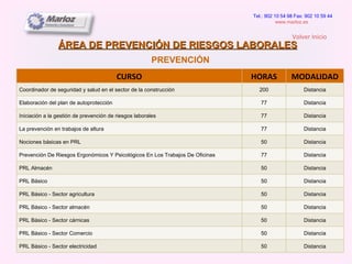 ÁREA DE PREVENCIÓN DE RIESGOS LABORALES PREVENCIÓN Tel.: 902 10 54 98 Fax: 902 10 59 44 www.marloz.es   Volver Inicio CURSO HORAS MODALIDAD Coordinador de seguridad y salud en el sector de la construcción 200 Distancia Elaboración del plan de autoprotección 77 Distancia Iniciación a la gestión de prevención de riesgos laborales 77 Distancia La prevención en trabajos de altura 77 Distancia Nociones básicas en PRL 50 Distancia Prevención De Riesgos Ergonómicos Y Psicológicos En Los Trabajos De Oficinas 77 Distancia PRL Almacén 50 Distancia PRL Básico 50 Distancia PRL Básico - Sector agricultura 50 Distancia PRL Básico - Sector almacén 50 Distancia PRL Básico - Sector cárnicas 50 Distancia PRL Básico - Sector Comercio 50 Distancia PRL Básico - Sector electricidad 50 Distancia 