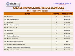 ÁREA DE PREVENCIÓN DE RIESGOS LABORALES Tel.: 902 10 54 98 Fax: 902 10 59 44 www.marloz.es   TPC - CONSTRUCCIÓN Volver Inicio CURSO HORAS MODALIDAD TPC - Electricista 20 Presencial TPC - Electricista especifico 6 Presencial TPC - Encofrados 20 Presencial TPC - Encofrados específico 6 Presencial TPC - Ferrallado Especifico 6 Presencial TPC - Ferrallado 20 Presencial TPC - Fontanería 20 Presencial TPC - Fontanería Específico 6 Presencial TPC - Mandos Intermedios 20 Presencial TPC - Nivel básico PRL construcción 60 Mixto TPC - Operador de aparatos elevadores. 20 Presencial TPC - Operador de aparatos elevadores. Especifico 6 Presencial TPC - Operador Equipos Manuales 20 Presencial 