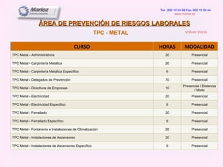 ÁREA DE PREVENCIÓN DE RIESGOS LABORALES Tel.: 902 10 54 98 Fax: 902 10 59 44 www.marloz.es   TPC - METAL Volver Inicio CURSO HORAS MODALIDAD TPC Metal - Administrativos 20 Presencial TPC Metal - Carpintería Metálica 20 Presencial TPC Metal - Carpintería Metálica Específico 6 Presencial TPC Metal - Delegados de Prevención 70 Presencial TPC Metal - Directivos de Empresas 10 Presencial / Distancia / Mixto TPC Metal - Electricidad 20 Presencial TPC Metal - Electricidad Especifico 6 Presencial TPC Metal - Ferrallado 20 Presencial TPC Metal - Ferrallado Específico 6 Presencial TPC Metal - Fontanería e Instalaciones de Climatización 20 Presencial TPC Metal - Instalaciones de Ascensores 20 Presencial TPC Metal - Instalaciones de Ascensores Específico 6 Presencial 