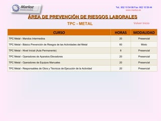 ÁREA DE PREVENCIÓN DE RIESGOS LABORALES Tel.: 902 10 54 98 Fax: 902 10 59 44 www.marloz.es   TPC - METAL Volver Inicio CURSO HORAS MODALIDAD TPC Metal - Mandos Intermedios 20 Presencial TPC Metal - Básico Prevención de Riesgos de las Actividades del Metal 60 Mixto TPC Metal - Nivel Inicial (Aula Permanente) 8 Presencial TPC Metal - Operadores de Aparatos Elevadores 20 Presencial TPC Metal - Operadores de Equipos Manuales 20 Presencial TPC Metal - Responsables de Obra y Técnicos de Ejecución de la Actividad 20 Presencial 