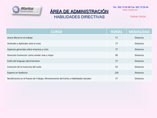 ÁREA DE ADMINISTRACIÓN HABILIDADES DIRECTIVAS  Tel.: 902 10 54 98 Fax: 902 10 59 44 www.marloz.es   Volver Inicio CURSO HORAS MODALIDAD Acoso Moral en el trabajo 77 Distancia Actitudes y Aptitudes ante la crisis 77 Distancia Aspectos generales sobre empresa y crisis 77 Distancia Dirección Comercial: cómo vender más y mejor 90 Distancia Estilo del lenguaje administrativo 77 Distancia Evolución de la nueva ley del suelo 55 Distancia Experto en Auditoría 120 Distancia Rendimiento en el Puesto de Trabajo: Afrontamiento del Estrés y Habilidades Sociales 77 Distancia 