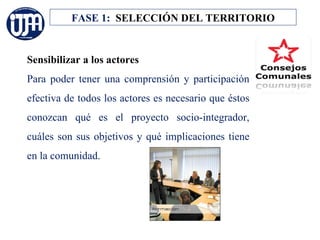 FASE 1: SELECCIÓN DEL TERRITORIO


Sensibilizar a los actores
Para poder tener una comprensión y participación
efectiva de todos los actores es necesario que éstos
conozcan qué es el proyecto socio-integrador,
cuáles son sus objetivos y qué implicaciones tiene
en la comunidad.
 