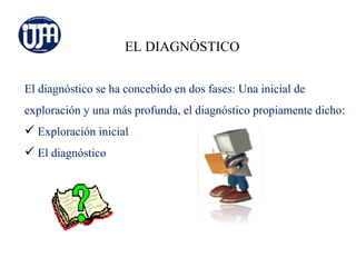 EL DIAGNÓSTICO


El diagnóstico se ha concebido en dos fases: Una inicial de
exploración y una más profunda, el diagnóstico propiamente dicho:
 Exploración inicial
 El diagnóstico
 