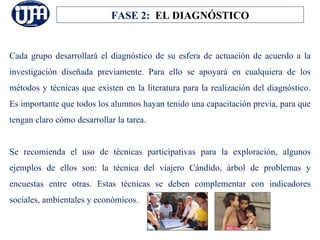 FASE 2: EL DIAGNÓSTICO


Cada grupo desarrollará el diagnóstico de su esfera de actuación de acuerdo a la
investigación diseñada previamente. Para ello se apoyará en cualquiera de los
métodos y técnicas que existen en la literatura para la realización del diagnóstico.
Es importante que todos los alumnos hayan tenido una capacitación previa, para que
tengan claro cómo desarrollar la tarea.


Se recomienda el uso de técnicas participativas para la exploración, algunos
ejemplos de ellos son: la técnica del viajero Cándido, árbol de problemas y
encuestas entre otras. Estas técnicas se deben complementar con indicadores
sociales, ambientales y económicos.
 