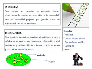 ENCUESTAS
Para   realizar   las   encuestas   es   necesario   obtener
primeramente la muestra representativa de la comunidad.
Para una comunidad pequeña, por ejemplo, puede ser
suficiente el 10% de los residentes.


                                                               Ejemplos:
INDICADORES
                                                               • Población
Son términos numéricos, medidas descriptivas, signos y
                                                               • Calidad del agua potable
señales de tendencias que combinan información social,         • Acceso al agua potable
económica y medio ambiental e ilustran la relación dentro      • Desempleo
y entre sistemas (UICN, 1988).                                 • Salud

                                    población


                                                muestra
 