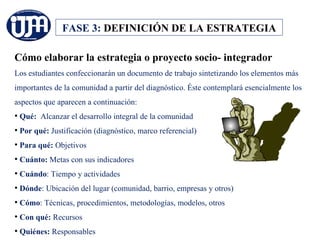 FASE 3: DEFINICIÓN DE LA ESTRATEGIA

Cómo elaborar la estrategia o proyecto socio- integrador
Los estudiantes confeccionarán un documento de trabajo sintetizando los elementos más
importantes de la comunidad a partir del diagnóstico. Éste contemplará esencialmente los
aspectos que aparecen a continuación:
• Qué: Alcanzar el desarrollo integral de la comunidad
• Por qué: Justificación (diagnóstico, marco referencial)
• Para qué: Objetivos
• Cuánto: Metas con sus indicadores
• Cuándo: Tiempo y actividades
• Dónde: Ubicación del lugar (comunidad, barrio, empresas y otros)
• Cómo: Técnicas, procedimientos, metodologías, modelos, otros
• Con qué: Recursos
• Quiénes: Responsables
 