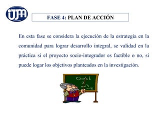 FASE 4: PLAN DE ACCIÓN


En esta fase se considera la ejecución de la estrategia en la
comunidad para lograr desarrollo integral, se validad en la
práctica si el proyecto socio-integrador es factible o no, si
puede logar los objetivos planteados en la investigación.
 
