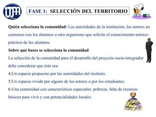 FASE 1: SELECCIÓN DEL TERRITORIO

Quién selecciona la comunidad: Las autoridades de la institución, los tutores en
consenso con los alumnos u otro organismo que solicite el conocimiento teórico-
práctico de los alumnos.
Sobre qué bases se selecciona la comunidad
La selección de la comunidad para el desarrollo del proyecto socio-integrador
debe considerar que ésta sea:
4.Un espacio propuesto por las autoridades del instituto.
5.Un espacio vivido por alguno de los tutores o por los estudiantes.
6.Una comunidad con características especiales: pobreza, falta de recursos
básicos para vivir y con potencialidades locales.
 