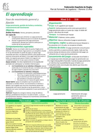 Federación Española de Rugby
Plan de Formación de Jugadores – Menores 12 años
El aprendizaje
Fase de movimiento general y
fijación
Juego penetrante, gestión de luchas y contactos,
relanzamiento del movimiento
Objetivo
Ámbito Prioritario: Técnico, perceptivo y decisional
Ser capaz de:
Reorganizarse para alimentar un juego penetrante
construyendo referencias para la circulación de jugadores
Percibir el agotamiento del juego penetrante
(ralentización, blocaje) que supone la señal para un
cambio del eje de penetración
Comportamientos esperados
Portador: Avanzo con el balón sobre los puntos frágiles de la
defensa. Antes de contacto, hago avanzar a un compañero situado
en mi eje ofreciéndole mi pasillo de juego y le apoyo (sigo
avanzando para fijar a mi adversario directo y para ayudar en una
eventual conservación del balón). Si me cogen nada más recibir el
balón, me organizo para pasar el balón (si es seguro) a un
compañero situado en mi eje o para conservar el balón.
Apoyo cercano: me sitúo rápidamente en la espalda del
portador (sin sobrepasar su hombro interior) para:
si el movimiento no se ralentiza o bloquea: avanzar
acelerando en el momento del pase, corriendo recto antes
de coger el balón y pasando muy cerca de él.
si el movimiento se ralentiza o bloquea:
o Participo en la conservación y disponibilidad del balón
o Miro si hay un jugador decalado al exterior, y si no lo
hay me desmarco por fuera del agrupamiento
o Me mantengo en el eje para un pase pivot
o Me preparo para ser el apoyo del jugador abierto
Apoyo lejano: apoyo al compañero que me precede sin
sobrepasar su hombro interior. Si el movimiento se ralentiza o
detiene, soy el jugador que inicia otro movimiento penetrante
desplazando unos metros laterales el eje de penetración, o voy a
alimentar ese nuevo movimiento apoyando al nuevo penetrador o a
sus apoyos.
Defensor: Respeto las consignas relativas al tipo de defensa
(Blocaje, posibilidad de intervenir o no sobre el balón …) y busco
prioritariamente ralentizar o bloquear los movimientos controlando
mi actitud en los contactos.
Nivel 2-3 S16
Organización
Grupo: 6 a 8 jugadores por equipo
Espacio: Suficientemente ancho como para permitir el
juego penetrante sobre un nuevo eje. Largo: el doble del
ancho + d6s z6nas de ensay6
Tiempos: 4 a 5 balones por equipo
Material: 2 balones, conos y petos.
Objetivo: Marcar utilizando el juego en penetración.
Consignas, reglas: los defensores buscan bloquear a
los atacantes sin ir al suelo, no recuperan el balón.
Criterios de éxito: El juego penetrante consume poco
ancho y permite un avance profundo rápido. Cada vez hay
menos tiempo de latencia entre la detención del juego y la
utilización de un nuevo eje de penetración.
Lanzamiento del juego: el Educador da el balón a
un equipo que está colocado para jugar en penetración con
un ligero desequilibrio favorable. Cuando el juego penetrante
se ralentiza hay la posibilidad de pasar el balón a un
compañero (sólo uno) situado más abierto que inicia otro
juego penetrante
Juego penetrante Ralentización del juego
b penetrante: pase a un
v jugador abierto
Para evaluar – regular Para hacer evolucionar la situación
Comport. observados Intervenciones posibles Variantes Efectos buscados
Los jugadores no respetan
las normas
Los atacantes no avanzan
(carreras diagonales,
jugadores parados)
El bloqueo es muy largo
antes de la utilización del
apoyo lateral
Rara vez se pone en acción
el nuevo eje de penetración
(apoyos llegan tarde,
carreras laterales cuando se
coge el balón …)
Lanzar el juego haciendo recordar las consignas a un
jugador
Dar puntos por avance
Acentuar el desequilibrio fav. en el lanzamiento,
Corregir la actitud del portador antes y después del
pase (dirección de carrera, apoyo tras el pase,..) y las
de sus apoyos (no sobrepasar el hombro interno,
correr de frente antes de coger el balón, recibirlo a la
altura del portador )
Reducir el número de jugadores y trabajar sobre la
percepción de la ralentización
Reforzar la respuesta defensiva para que pueda
hacer recular a los atacante y/o recuperar el balón
Trabajar sobre la preacción, sobre el esfuerzo para
estar disponible, la distribución de roles (posible
reducción del colectivo de trabajo)
Mantener el mismo
lanzamiento de juego
pero dar la opción tras un
bloqueo de relanzar el
movimiento a ras o un
poco más abierto dando
consignas a los
defensores
Permitir a los defensores
llevar al suelo a los
atacantes y/o recuperar
el balón
Desarrollar la percepción
de los jugadores de las
zonas frágiles a atacar
Trabajar sobre la
conservación del balón,
dominar el contacto y
mantener la iniciativa del
portador de mantenerse de
pie o ir al suelo
 