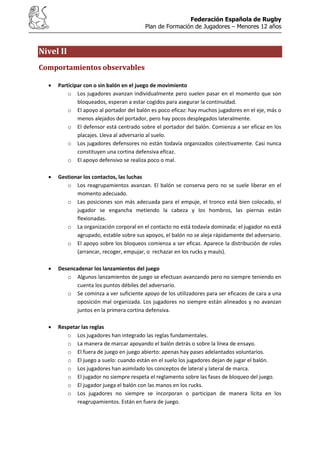 Federación Española de Rugby
Plan de Formación de Jugadores – Menores 12 años
Nivel II
Comportamientos observables
Participar con o sin balón en el juego de movimiento
o Los jugadores avanzan individualmente pero suelen pasar en el momento que son
bloqueados, esperan a estar cogidos para asegurar la continuidad.
o El apoyo al portador del balón es poco eficaz: hay muchos jugadores en el eje, más o
menos alejados del portador, pero hay pocos desplegados lateralmente.
o El defensor está centrado sobre el portador del balón. Comienza a ser eficaz en los
placajes. Lleva al adversario al suelo.
o Los jugadores defensores no están todavía organizados colectivamente. Casi nunca
constituyen una cortina defensiva eficaz.
o El apoyo defensivo se realiza poco o mal.
Gestionar los contactos, las luchas
o Los reagrupamientos avanzan. El balón se conserva pero no se suele liberar en el
momento adecuado.
o Las posiciones son más adecuada para el empuje, el tronco está bien colocado, el
jugador se engancha metiendo la cabeza y los hombros, las piernas están
flexionadas.
o La organización corporal en el contacto no está todavía dominada: el jugador no está
agrupado, estable sobre sus apoyos, el balón no se aleja rápidamente del adversario.
o El apoyo sobre los bloqueos comienza a ser eficaz. Aparece la distribución de roles
(arrancar, recoger, empujar, o rechazar en los rucks y mauls).
Desencadenar los lanzamientos del juego
o Algunos lanzamientos de juego se efectuan avanzando pero no siempre teniendo en
cuenta los puntos débiles del adversario.
o Se cominza a ver suficiente apoyo de los utilizadores para ser eficaces de cara a una
oposición mal organizada. Los jugadores no siempre están alineados y no avanzan
juntos en la primera cortina defensiva.
Respetar las reglas
o Los jugadores han integrado las reglas fundamentales.
o La manera de marcar apoyando el balón detrás o sobre la línea de ensayo.
o El fuera de juego en juego abierto: apenas hay pases adelantados voluntarios.
o El juego a suelo: cuando están en el suelo los jugadores dejan de jugar el balón.
o Los jugadores han asimilado los conceptos de lateral y lateral de marca.
o El jugador no siempre respeta el reglamento sobre las fases de bloqueo del juego.
o El jugador juega el balón con las manos en los rucks.
o Los jugadores no siempre se incorporan o participan de manera lícita en los
reagrupamientos. Están en fuera de juego.
 