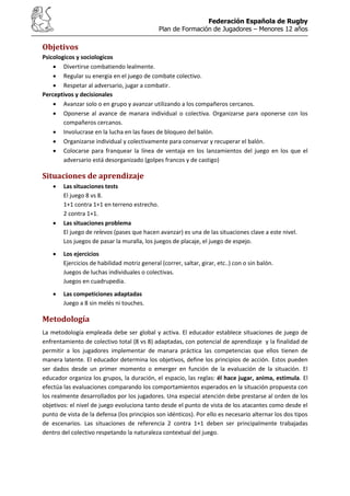 Federación Española de Rugby
Plan de Formación de Jugadores – Menores 12 años
Objetivos
Psicologicos y sociologicos
Divertirse combatiendo lealmente.
Regular su energia en el juego de combate colectivo.
Respetar al adversario, jugar a combatir.
Perceptivos y decisionales
Avanzar solo o en grupo y avanzar utilizando a los compañeros cercanos.
Oponerse al avance de manara individual o colectiva. Organizarse para oponerse con los
compañeros cercanos.
Involucrase en la lucha en las fases de bloqueo del balón.
Organizarse individual y colectivamente para conservar y recuperar el balón.
Colocarse para franquear la línea de ventaja en los lanzamientos del juego en los que el
adversario está desorganizado (golpes francos y de castigo)
Situaciones de aprendizaje
Las situaciones tests
El juego 8 vs 8.
1+1 contra 1+1 en terreno estrecho.
2 contra 1+1.
Las situaciones problema
El juego de relevos (pases que hacen avanzar) es una de las situaciones clave a este nivel.
Los juegos de pasar la muralla, los juegos de placaje, el juego de espejo.
Los ejercicios
Ejercicios de habilidad motriz general (correr, saltar, girar, etc..) con o sin balón.
Juegos de luchas individuales o colectivas.
Juegos en cuadrupedia.
Las competiciones adaptadas
Juego a 8 sin melés ni touches.
Metodología
La metodología empleada debe ser global y activa. El educador establece situaciones de juego de
enfrentamiento de colectivo total (8 vs 8) adaptadas, con potencial de aprendizaje y la finalidad de
permitir a los jugadores implementar de manara práctica las competencias que ellos tienen de
manera latente. El educador determina los objetivos, define los principios de acción. Estos pueden
ser dados desde un primer momento o emerger en función de la evaluación de la situación. El
educador organiza los grupos, la duración, el espacio, las reglas: él hace jugar, anima, estimula. El
efectúa las evaluaciones comparando los comportamientos esperados en la situación propuesta con
los realmente desarrollados por los jugadores. Una especial atención debe prestarse al orden de los
objetivos: el nivel de juego evoluciona tanto desde el punto de vista de los atacantes como desde el
punto de vista de la defensa (los principios son idénticos). Por ello es necesario alternar los dos tipos
de escenarios. Las situaciones de referencia 2 contra 1+1 deben ser principalmente trabajadas
dentro del colectivo respetando la naturaleza contextual del juego.
 