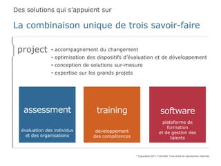 Des solutions qui s’appuient sur

La combinaison unique de trois savoir-faire

 project       • accompagnement du changement
               • optimisation des dispositifs d’évaluation et de développement
               • conception de solutions sur-mesure
               • expertise sur les grands projets




   assessment                    training                                   software
                                                                             plateforme de
                                                                               formation
  évaluation des individus       développement                             et de gestion des
    et des organisations        des compétences                                  talents


                                                    ©   Copyrights 2011, FuturSkill. Tous droits de reproduction réservés.
 