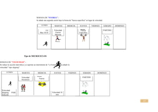 17
SEMANA DE "FUERZA".-
Se añade una segunda sesión bajo la forma de "fuerza específica" en lugar de velocidad.
LUNES MARTES MIERCOL JUEVES VIERNES SÁBADO DOMINGO
F/C
Max 10/10
Velocidad
Fuerza
Máxima
Fuerza
Específica
PARTIDO
Tipo de MICROCICLOS
SEMANA DE "VELOCIDAD".-
Se reduce la sección interválica ( se suprime un intermitente de 7 u 8 minutos) para añadir la
velocidad " tipo skipping".
LUNES MARTES MIERCOL JUEVES VIERNES SÁBADO DOMINGO
Velocidad
skipping PAM
reducido
Velocidad
frecuencia
Fuerza
Velocidad 10
min
PARTIDO
 
