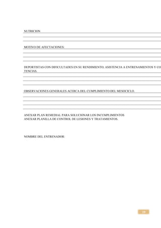 19
NUTRICION
MOTIVO DE AFECTACIONES:
DEPORTISTAS CON DIFICULTADES EN SU RENDIMIENTO, ASISTENCIA A ENTRENAMIENTOS Y COM
TENCIAS.
OBSERVACIONES GENERALES ACERCA DEL CUMPLIMIENTO DEL MESOCICLO.
ANEXAR PLAN REMEDIAL PARA SOLUCIONAR LOS INCUMPLIMIENTOS
ANEXAR PLANILLA DE CONTROL DE LESIONES Y TRATAMIENTOS.
NOMBRE DEL ENTRENADOR:
 