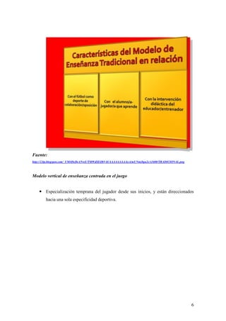 6
Fuente:
http://2.bp.blogspot.com/_UM4DyDeANwE/TMWdSEQbV4I/AAAAAAAAAeA/mUNntJtgu2c/s1600/TRADICIONAL.png
Modelo vertical de enseñanza centrada en el juego
 Especialización temprana del jugador desde sus inicios, y están direccionados
hacia una sola especificidad deportiva.
 