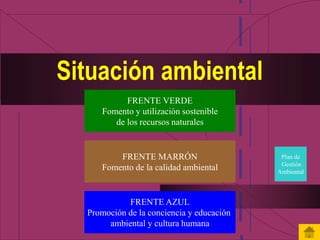 Situación ambiental 
FRENTE VERDE 
Fomento y utilización sostenible 
de los recursos naturales 
FRENTE MARRÓN 
Fomento de la calidad ambiental 
FRENTE AZUL 
Promoción de la conciencia y educación 
ambiental y cultura humana 
Plan de 
Gestión 
Ambiental 
 