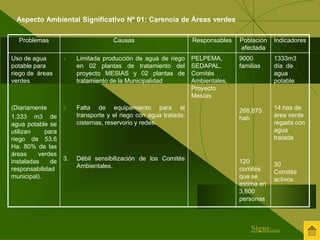 Problemas Causas Responsables Población 
afectada 
Indicadores 
Uso de agua 
potable para 
riego de áreas 
verdes 
(Diariamente 
1.333 m3 de 
agua potable se 
utilizan para 
riego de 53.6 
Ha. 80% de las 
áreas verdes 
instaladas de 
responsabilidad 
municipal). 
1. Limitada producción de agua de riego 
en 02 plantas de tratamiento del 
proyecto MESIAS y 02 plantas de 
tratamiento de la Municipalidad 
2. Falta de equipamiento para el 
transporte y el riego con agua tratada: 
cisternas, reservorio y redes. 
3. Débil sensibilización de los Comités 
Ambientales. 
PELPEMA, 
SEDAPAL, 
Comités 
Ambientales, 
Proyecto 
Mesías 
9000 
familias 
266,875 
hab 
120 
comités 
que se 
estima en 
3,600 
personas 
1333m3 
día de 
agua 
potable 
14 has de 
área verde 
regada con 
agua 
tratada 
30 
Comités 
activos . 
Aspecto Ambiental Significativo Nº 01: Carencia de Áreas verdes 
Sigue..... 
 
