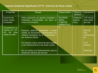 Problemas Causas Responsables Población 
afectada 
Indicadores 
Carencia de 
áreas verdes 
forestadas 
(Actualmente se 
cuenta con 1.91 
m2 de área 
verde por hab.) 
1. Falta producción de plantas forestales y 
herbáceos ornamentales. Se tiene un 
vivero en formación. 
1. Espacios públicos destinados a áreas 
verdes se encuentran contaminadas por 
material excedente de la construcción y 
por residuos sólidos. 
2. Se requiere mayor personal para ampliar 
y dar mantenimiento a las áreas verdes. 
3. No se cuenta con financiamiento para la 
prestación efectiva del servicio. 
PELPEMA-MVES, 
COMITES 
AMBIENTALE 
S. 
Población 
total de 
Hvca 
1.91 m2 de 
área verde 
por hab. 
30% de 
has 
contaminad 
as 
0.73 
trab/has 
Soles/has 
Aspecto Ambiental Significativo Nº 01: Carencia de Áreas verdes 
Sigue..... 
 