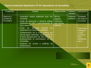 Problemas Causas Responsables Población 
afectada 
Indicadores 
Deterioro y 
pérdida de 
humedales 
1. Expansión urbana acelerada para uso 
industrial. 
2. Arrojo de desmonte y residuos sólidos 
generados en VES y, particularmente de 
otros distritos. 
3. Arrojo de efluentes líquidos sin 
tratamiento de industrias instaladas. 
4. Contaminación de la napa freática por 
uso de aguas residuales para regadío de 
la Zona Agropecuaria de VES (ZAVES), 
produciéndose la eutrofización de los 
humedales. 
5. Ausencia de control y políticas de 
conservación. 
MHvca 
EMAPE, 
Industrias, 
Agricultores, 
INRENA. 
Población 
periférica 
Toneladas 
de residuos 
acumulados 
Parámetros 
biológicos 
y físico 
químicos 
de la 
calidad de 
agua 
Aspecto Ambiental Significativo Nº 04: Depredación de Humedales 
Sigue..... 
 