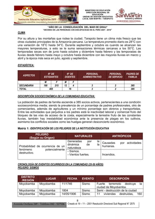 MINISTERIO DE EDUCACIÓN
DIRECCIÓN REGIONAL DE
EDUCACIÓN
UNIDAD DE GESTIÓN EDUCATIVA
LOCAL SAN MARTÍN – TARAPOTO
“AÑO DE LA CONSOLIDACIÓN DEL MAR DE GRAU”
“DECENIO DE LAS PERSONAS CON DISCAPACIDAD EN EL PERÚ 2007 - 2016”
8
Avenida Orellana 249 – Teléfono 042 - 527536 Creado el 19 – 11 – 2001 Resolución Directoral Sub Regional N° 2575
CLIMA
Por su altura y las montañas que rodea la ciudad, Tarapoto tiene un clima más fresco que las
otras ciudades principales de la Amazonía peruana. La temperatura promedio diario es 28°C con
una variación de 18°C hasta 34°C. Durante septiembre y octubre es cuando se alcanzan las
mayores temperaturas, a esto se le suma sensaciones térmicas cercanas a los 50°C. Las
temporadas secas son de junio hasta octubre y diciembre hasta febrero y las temporadas de
lluvias desde febrero hasta mayo y octubre hasta diciembre con las mayores lluvias en marzo y
abril y la época más seca en julio, agosto y septiembre.
ESTADÍSTICA:
ASPECTOS
N° DE
ESTIDIANTES
N° DE
DOENTES
PERSONAL
ADMINISTRATIVO
PERSONAL
DE SERVICIO
PADRES DE
FAMILIA
M F M F
SECUNDARIA 190 215 12 4 3 2 385
TOTAL 405 16 3 2 385
DESCRIPCIÓN SOCIOECONÓMICA DE LA COMUNIDAD EDUCATIVA:
La población de padres de familia asciende a 385 socios activos, pertenecientes a una condición
socioeconómica media; siendo la prevalencia de un porcentaje de padres profesionales, otro de
comerciantes, además de agricultores y un mínimo porcentaje son obreros y transportistas.
Entre las actividades que perjudica a los padres está la inactividad laboral y comercial fruto del
bloqueo de las vías de acceso de la costa, especialmente la terrestre fruto de las constantes
lluvias, también hay inestabilidad económica ante la presencia de plagas en los cultivos,
asimismo los conflictos sociales como las huelgas generan desconcierto económico.
Matriz 1: IDENTIFICACIÓN DE LOS PELIGROS DE LA INSTITUCIÓN EDUCATIVA
PELIGRO
(Según su Origen)
NATURALES ANTRÓPICOS
Probabilidad de ocurrencia de un
fenómeno potencialmente
destructivo.
Generadas por la
dinámica de la
naturaleza
Causadas por actividades
humanas.
- Sismos.
- Vientos fuertes. Incendios.
CRONOLOGÍA DE EVENTOS OCURRIDOS EN LA COMUNIDAD (25-50 AÑOS)
PELIGRO: SISMOS
DISTRITO
/REGIÓN
LUGAR FECHA EVENTO DESCRIPCIÓN
Moyobamba Moyobamba 11/1746 Sismo Fuerte terremoto destruye la
ciudad de Moyobamba.
Moyobamba Moyobamba 1804 Sismo Semi - destrucción de la ciudad
Moyobamba Moyobamba 14/05/1906 Sismo 11 viviendas destruidas, 160
 