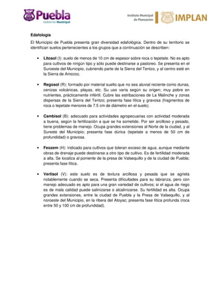 Edafología
El Municipio de Puebla presenta gran diversidad edafológica. Dentro de su territorio se
identifican suelos pertenecientes a los grupos que a continuación se describen:
• Litosol (I): suelo de menos de 10 cm de espesor sobre roca o tepetate. No es apto
para cultivos de ningún tipo y sólo puede destinarse a pastoreo. Se presenta en el
Suroeste del Municipio, cubriendo parte de la Sierra del Tentzo, y al centro esté en
la Sierra de Amozoc.
• Regosol (R): formado por material suelto que no sea aluvial reciente como dunas,
cenizas volcánicas, playas, etc. Su uso varía según su origen; muy pobre en
nutrientes, prácticamente infértil. Cubre las estribaciones de La Malinche y zonas
dispersas de la Sierra del Tentzo; presenta fase lítica y gravosa (fragmentos de
roca o tepetate menores de 7.5 cm de diámetro en el suelo).
• Cambisol (B): adecuado para actividades agropecuarias con actividad moderada
a buena, según la fertilización a que se ha sometido. Por ser arcilloso y pesado,
tiene problemas de manejo. Ocupa grandes extensiones al Norte de la ciudad, y al
Sureste del Municipio; presenta fase dúrica (tepetate a menos de 50 cm de
profundidad) o gravosa.
• Feozem (H): indicado para cultivos que toleran exceso de agua, aunque mediante
obras de drenaje puede destinarse a otro tipo de cultivo. Es de fertilidad moderada
a alta. Se localiza al poniente de la presa de Valsequillo y de la ciudad de Puebla;
presenta fase lítica.
• Vertisol (V): este suelo es de textura arcillosa y pesada que se agrieta
notablemente cuando se seca. Presenta dificultades para su labranza, pero con
manejo adecuado es apto para una gran variedad de cultivos; si el agua de riego
es de mala calidad puede salinizarse o alcalinizarse. Su fertilidad es alta. Ocupa
grandes extensiones, entre la ciudad de Puebla y la Presa de Valsequillo, y al
noroeste del Municipio, en la ribera del Atoyac; presenta fase lítica profunda (roca
entre 50 y 100 cm de profundidad).
 