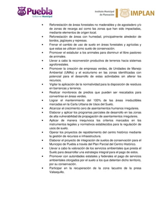 • Reforestación de áreas forestales no maderables y de agostadero y/o
de zonas de recarga así como las zonas que han sido impactadas,
mediante elementos de origen local.
• Reforestación de áreas con humedad, principalmente alrededor de
bordos, jagüeyes y represas.
• Frenar el cambio de uso de suelo en áreas forestales y agrícolas y
que estas se utilicen como suelo de conservación.
• Promover el estabular a los animales para disminuir el libre pastoreo
de animales.
• Llevar a cabo la reconversión productiva de terrenos hacia sistemas
agroforestales.
• Promover la creación de empresas verdes, de Unidades de Manejo
Ambiental (UMAs) y el ecoturismo en las zonas identificadas con
potencial para el desarrollo de estas actividades sin alterar los
recursos.
• Vigilar la aplicación de la normatividad para la disposición de residuos
en barrancas y terrenos.
• Realizar monitoreos de predios que pueden ser rescatados para
convertirse en áreas verdes.
• Lograr el mantenimiento del 100% de las áreas irreductibles
marcadas en la Carta Urbana de Usos del Suelo.
• Alcanzar el crecimiento cero de asentamientos humanos irregulares.
• Elaborar y aplicar los programas parciales de desarrollo en las zonas
de alta vulnerabilidad de propagación de asentamientos irregulares.
• Aplicar de manera inequívoca los criterios marcados en los
instrumentos legales y normativos establecidos para la regulación de
usos de suelo.
• Operar los proyectos de repoblamiento del centro histórico mediante
la gestión de recursos e infraestructura.
• Elaborar el proyecto de integración de suelos de conservación para el
Municipio de Puebla a través del Plan Parcial del Centro Histórico.
• Llevar a cabo la valoración de los servicios ambientales que presta el
Suelo para desarrollar una estrategia integral para el pago de estos.
• Promover con autoridades estatales y federales el pago de servicios
ambientales otorgados por el suelo a los que detentan dicho territorio,
por su conservación.
• Participar en la recuperación de la zona lacustre de la presa
Valsequillo.
 