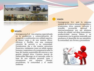 VISIÓN
                                                    • Inveragrocorp S.A. será la empresa
                                                      símbolo de la nueva industria manabita y
                                                      ecuatoriana, ética, pujante, solvente y
                                                      rentable,    reconocida      nacional    e
                                                      internacionalmente por sus altísimos
MISIÓN
                                                      niveles de calidad, sus ideas innovadoras,
• Inveragrocorp S.A. una empresa especializada        productividad, marcas líderes y su
  en la producción y comercialización de              compromiso con la gestión sostenible que
  conservas y condimentos con calidad superior,       promueva el desarrollo de sus miembros,
  al menor costo y de una manera eficaz,              la comunidad, sus clientes y proveedores
  eficiente y flexible, con una constante
  vocación de servicio a su comunidad.
  Fortalecemos día a día nuestra estructura
  financiera, trabajamos como un sólido equipo
  humano y superamos a la competencia sobre la
  base del manejo sustentable del entorno y una
  gestión integral ética. Creamos marcas de
  indiscutible liderazgo en el mercado, sobre la
  base de una relación personal, justa y
  transparente      con    nuestros     clientes,
  proveedores, la comunidad y el medio
  ambiente
 