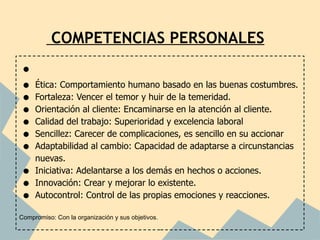 COMPETENCIAS PERSONALES
 •
 •   Ética: Comportamiento humano basado en las buenas costumbres.
 •   Fortaleza: Vencer el temor y huir de la temeridad.
 •   Orientación al cliente: Encaminarse en la atención al cliente.
 •   Calidad del trabajo: Superioridad y excelencia laboral
 •   Sencillez: Carecer de complicaciones, es sencillo en su accionar
 •   Adaptabilidad al cambio: Capacidad de adaptarse a circunstancias
     nuevas.
 •   Iniciativa: Adelantarse a los demás en hechos o acciones.
 •   Innovación: Crear y mejorar lo existente.
 •   Autocontrol: Control de las propias emociones y reacciones.

Compromiso: Con la organización y sus objetivos.
 