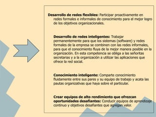 Desarrollo de redes flexibles: Participar proactivamente en
   redes formales e informales de conocimiento para el mejor logro
   de los objetivos organizacionales.


   Desarrollo de redes inteligentes: Trabajar
   permanentemente para que los sistemas (software) y redes
   formales de la empresa se combinen con las redes informales,
   para que el conocimiento fluya de la mejor manera posible en la
   organización. En esta competencia se obliga a las señoritas
   secretarias y a la organización a utilizar las aplicaciones que
   ofrece la red social.


   Conocimiento inteligente: Comparte conocimiento
   fluidamente entre sus pares y su equipo de trabajo y acata las
   pautas organizativas que haya sobre el particular.


   Crear equipos de alto rendimiento que ofrezcan
   oportunidades desafiantes: Conducir equipos de aprendizaje
   continuo y objetivos desafiantes que agregan valor.
 